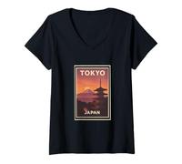 Mujer Puesta de sol en Tokio Japón Amanecer Amanecer Amanecer Viajes Gráfi Camiseta Cuello V