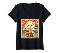 Mujer Puesta de sol japonés monte Fuji amante de los fideos foca Pup Ramen Camiseta Cuello V