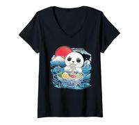Mujer Puesta de sol japonés monte Fuji amante de los fideos foca Pup Ramen Camiseta Cuello V