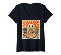 Mujer Puesta de sol japonés monte Fuji amante de los fideos foca Pup Ramen Camiseta Cuello V