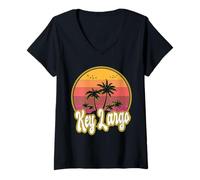 Mujer Puesta de Sol Retro Playa Key Largo Florida Camiseta Cuello V