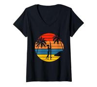 Mujer Puesta del Sol Surfer Silueta Chica Tropical Playa Surf Camiseta Cuello V