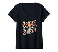 Mujer Puestas de Sol para Siempre Persiguiendo Camiseta Cuello V