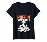 Mujer Puffin Vibes Only Cute Bird On Skulls Amante del Humor Oscuro Camiseta Cuello V
