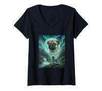 Mujer Pug Aurora Borealis Northern Lights Dog Moon Forest Camiseta Cuello V