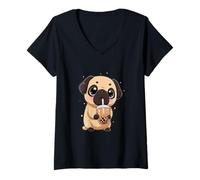 Mujer Pug Boba Tea Bubble Tea Anime Kawaii Dog Camiseta Cuello V