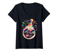 Mujer Pug Cumpleaños Sombrero De Fiesta Gafas De Sol Pugs Camiseta Cuello V