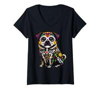Mujer Pug Dog Mexican Sugar Skull Calavera Viva México Fiesta Camiseta Cuello V