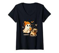 Mujer Pug Halloween Ghost Walking Pug Dog Camiseta Cuello V