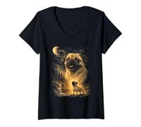 Mujer Pug Howling to The Moon Vintage 90s Art Funny Dog Pet Dueño Camiseta Cuello V