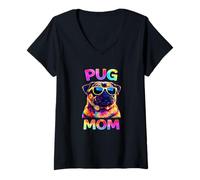 Mujer Pug Mom Colorido Pop Art Lindo Pug Dog Mom Camiseta Cuello V