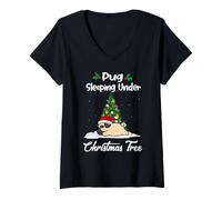 Mujer Pug My Dog Sleeping Under Christmas Tree Puppy Funny Xmas Camiseta Cuello V