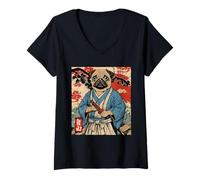Mujer Pug Samurai Art Perro Guerrero Japonés Kawaii Anime Vintage Camiseta Cuello V