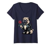 Mujer Pug Tuxedo Dapper Rose Pajarita Perro Camiseta Cuello V