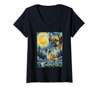 Mujer Puggle Howling At The Moon Impresionista Noche Estrellada Arte Camiseta Cuello V