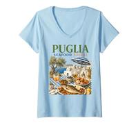 Mujer Puglia Mariscos Social Vacaciones en la Costa Italiana Camiseta Cuello V