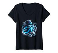 Mujer Pulpo azul con sombrero vaquero occidental animal marino del océano Camiseta Cuello V