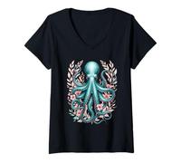 Mujer Pulpo con Flores diseño océano Camiseta Cuello V