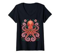 Mujer Pulpo Floral Náutico Vibrante Mandala Océano Boho Estética Camiseta Cuello V