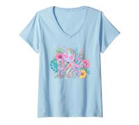 Mujer Pulpo Floral Vibrante Arte del océano Tropical Camiseta Cuello V