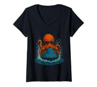 Mujer Pulpo fresco con gafas de sol Jet Ski Rider Summer Vibes Camiseta Cuello V