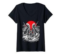 Mujer Pulpo Samurai Frente Al Sol Rojo Camiseta Cuello V