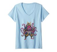 Mujer Pulpo Samurai Kawaii Guerrero Japonés Anime Estética Camiseta Cuello V