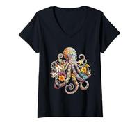Mujer Pulpo Vintage Pulpo Floral Buceo Calamar Kraken Camiseta Cuello V