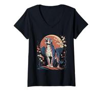 Mujer Puma León De Montaña Luna Japonesa Camiseta Cuello V