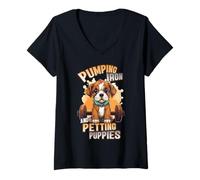 Mujer Pumping Iron and Petting Puppies Body Building Camiseta Cuello V