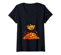 Mujer Pumpkin Dive in Fall Leaves Funny Autumn Halloween Humor Camiseta Cuello V