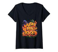 Mujer Pumpkin Patch Crew Caras de Halloween Camiseta Cuello V