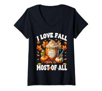 Mujer Pumpkin Spice Coffee Latte Mug Women I Love Fall Most of All Camiseta Cuello V