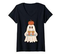 Mujer Pumpkin Spice Latte Ghost Halloween Fall Coffee Lover Camiseta Cuello V