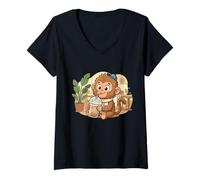 Mujer Punch The Monkey Japón Bebiendo café Helado Lindo Kawaii Camiseta Cuello V