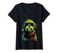 Mujer Punk Shih Tzu con Gafas de Sol, Sombrero de Papá Noel, Perro rockero de Navidad Camiseta Cuello V