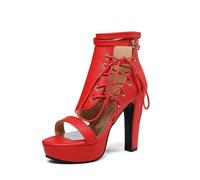 Mujer Punta Abierta Cuero PU Sandalias De Verano Tacón Gruesos Alto Botines De Plataforma Cordones Zapatos De Vestir con Cremallera Lateral,Rojo,41.5 EU