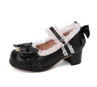 Mujer Punta Redonda Piel PU Zapatos Lolita con Lazo Tacón Grueso Medio Plataforma Mary Janes Correa Al Tobillo Zapatos De Vestir con Hebilla,Negro,41.5 EU