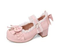 Mujer Punta Redonda Piel PU Zapatos Lolita con Lazo Tacón Grueso Medio Plataforma Mary Janes Correa Al Tobillo Zapatos De Vestir con Hebilla,Rosado,35.5 EU