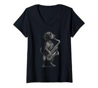 Mujer Puntero alemán de pelo corto jugando saxofón jazz música perro Camiseta Cuello V