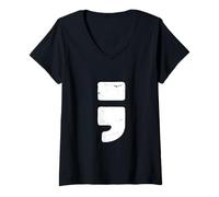 Mujer Punto y Coma Puntuación Negra Desgastada Camiseta Cuello V