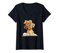 Mujer Puppy Open Book Reading Dog Lover Gráfico Retrato Redondo Camiseta Cuello V