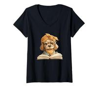 Mujer Puppy Open Book Reading Dog Lover Gráfico Retrato Redondo Camiseta Cuello V