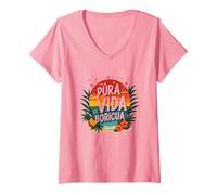 Mujer Pura Vida Boricua: Paraíso Tropical Orgullo Puertorriqueño Camiseta Cuello V, Rosado, XL