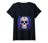 Mujer Purple Floral Black Sugar Skull Day of The Dead Mexican Art Camiseta Cuello V