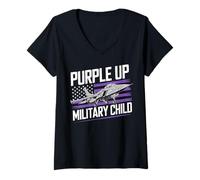 Mujer Purple Up For Military Kids Month Military Fighter Air Jet Camiseta Cuello V