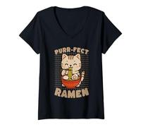 Mujer Purr-FECT Ramen Cat Comiendo Fideos Kawaii Kitty Camiseta Cuello V