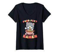 Mujer Purr-FECT Ramen Fideos Gato Kawaii Lindo Divertido Camiseta Cuello V