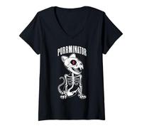 Mujer Purrminator Evil Skeleton, dueño de un felino, Amante de los Gatos, Halloween Camiseta Cuello V
