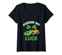 Mujer Pushin My Luck St Patrick's Day Funny Shamrock Party Boy Camiseta Cuello V